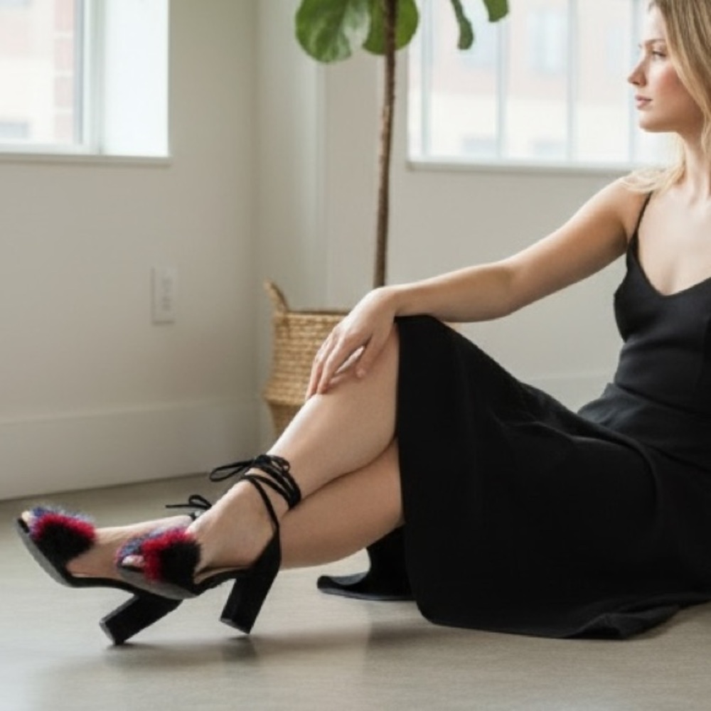 Loeffler Randall Black Heels with Colorful Pom Poms